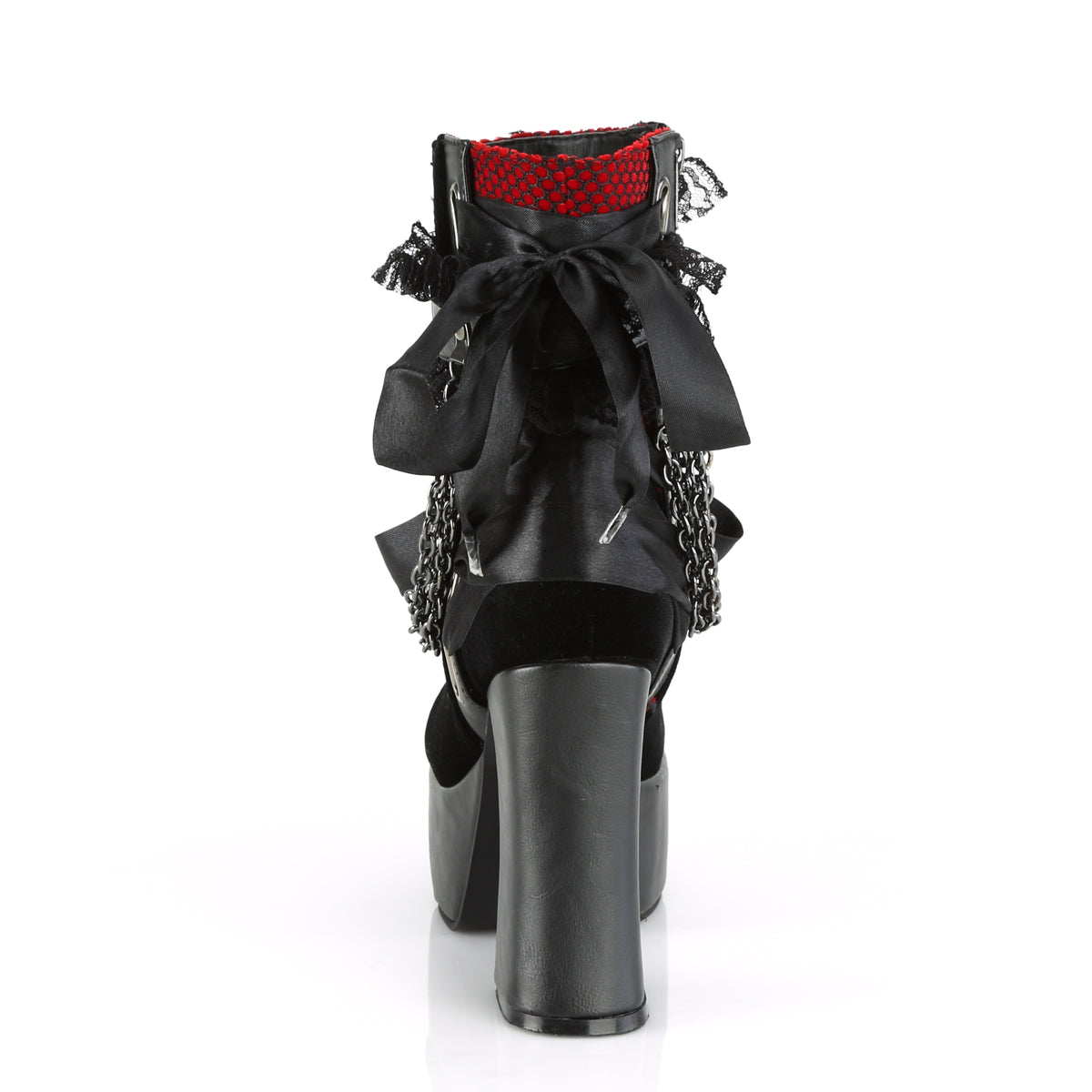 Demonia Cult Exclusive | "Charade-110" Boots - Black Vegan Leather-Red/Black Velvet-Fishnet Overlay