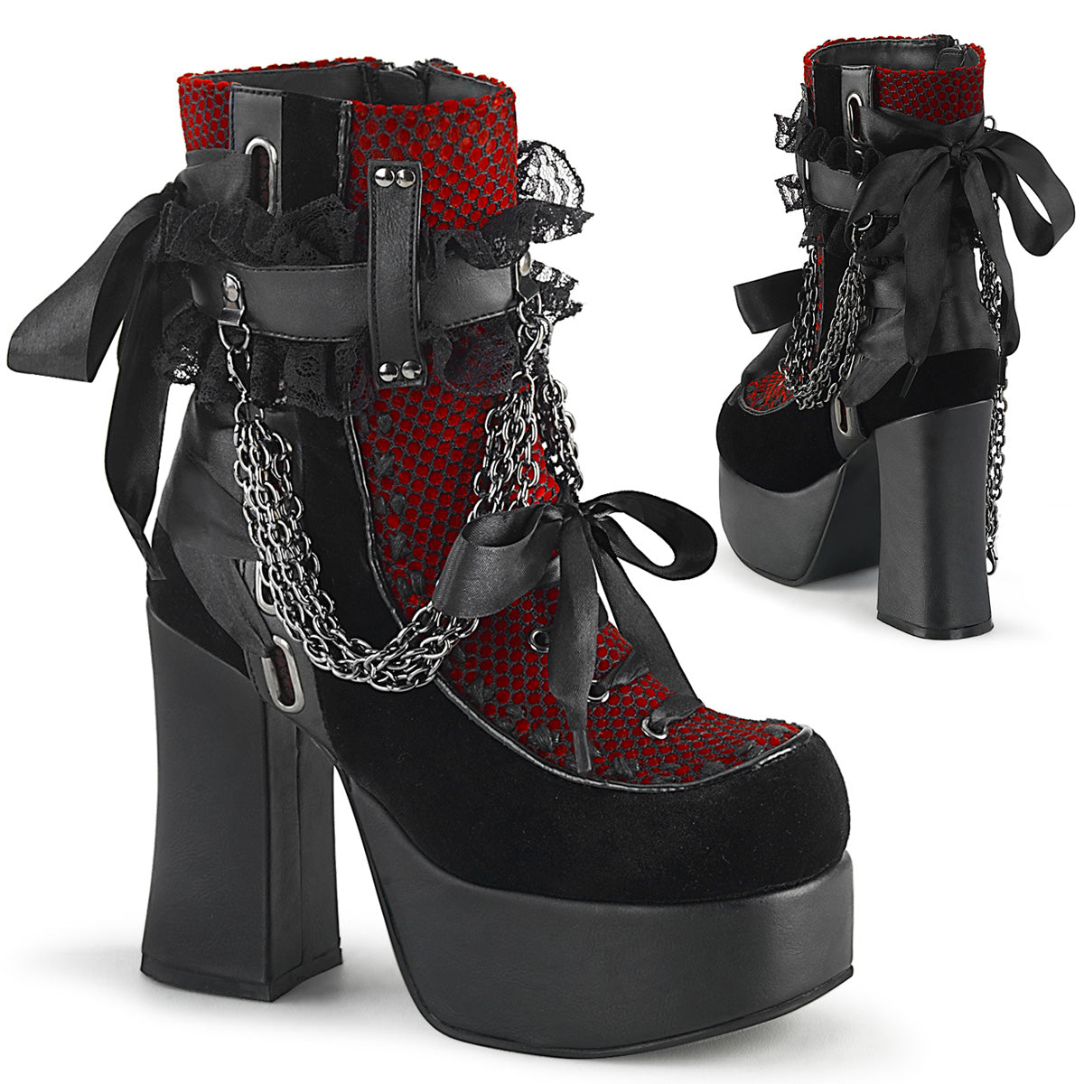Demonia Cult Exclusive | "Charade-110" Boots - Black Vegan Leather-Red/Black Velvet-Fishnet Overlay