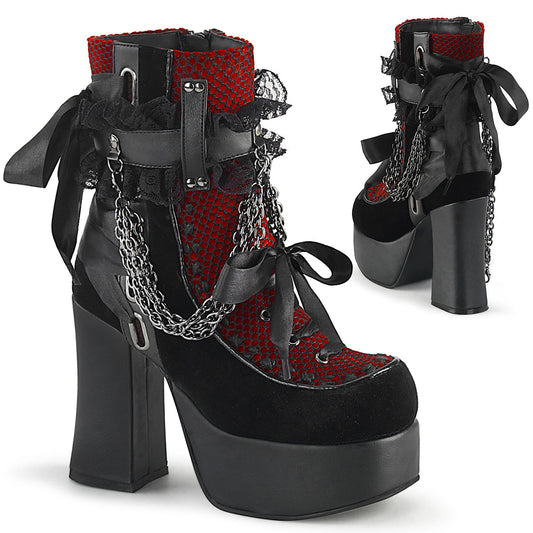 Demonia Cult Exclusive | "Charade-110" Boots - Black Vegan Leather-Red/Black Velvet-Fishnet Overlay