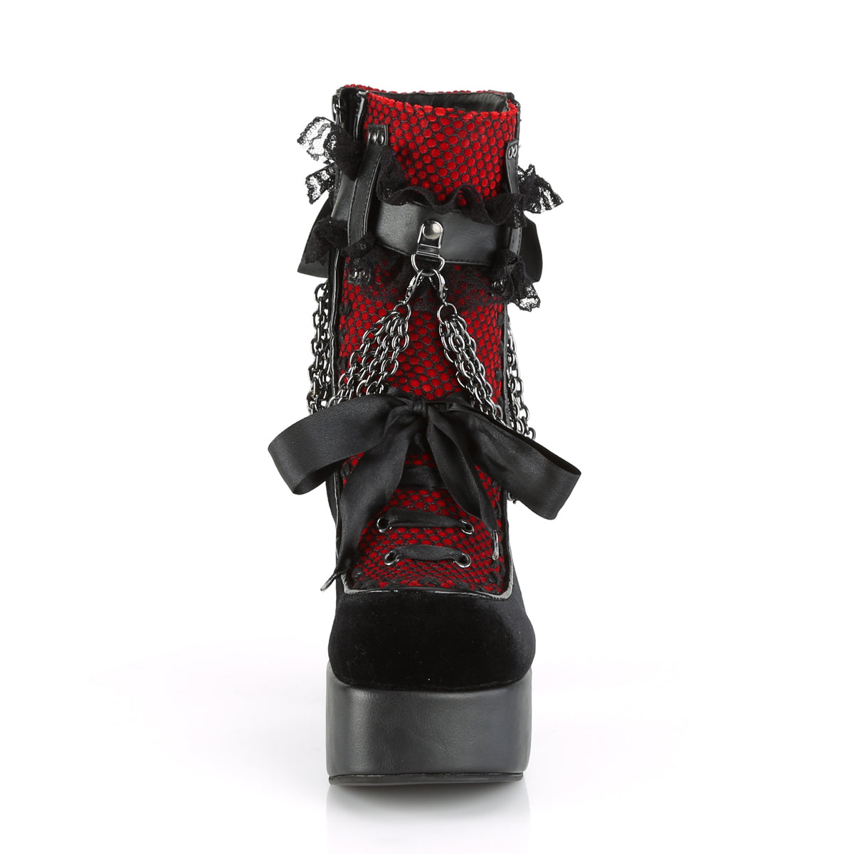 Demonia Cult Exclusive | "Charade-110" Boots - Black Vegan Leather-Red/Black Velvet-Fishnet Overlay