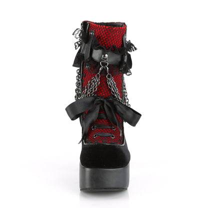 Demonia Cult Exclusive | "Charade-110" Boots - Black Vegan Leather-Red/Black Velvet-Fishnet Overlay