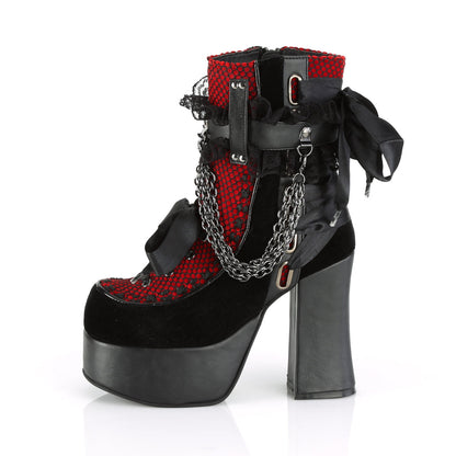Demonia Cult Exclusive | "Charade-110" Boots - Black Vegan Leather-Red/Black Velvet-Fishnet Overlay