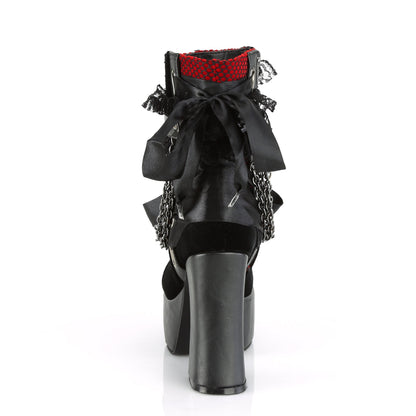 Demonia Cult Exclusive | "Charade-110" Boots - Black Vegan Leather-Red/Black Velvet-Fishnet Overlay