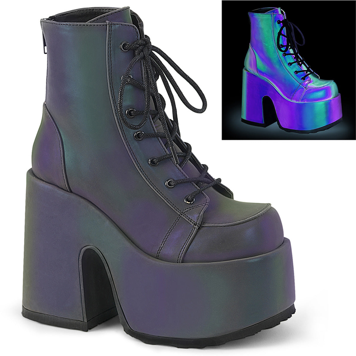 Demonia Cult Signature | "Camel-203" Boots - Green Multi Reflective