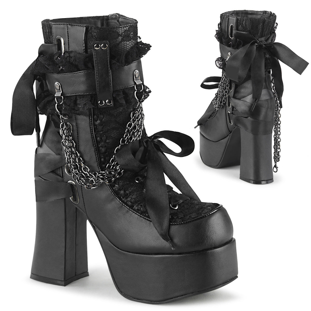 Demonia Cult Quality | "Charade-110" Boots - Black Vegan Leather-Lace Overlay