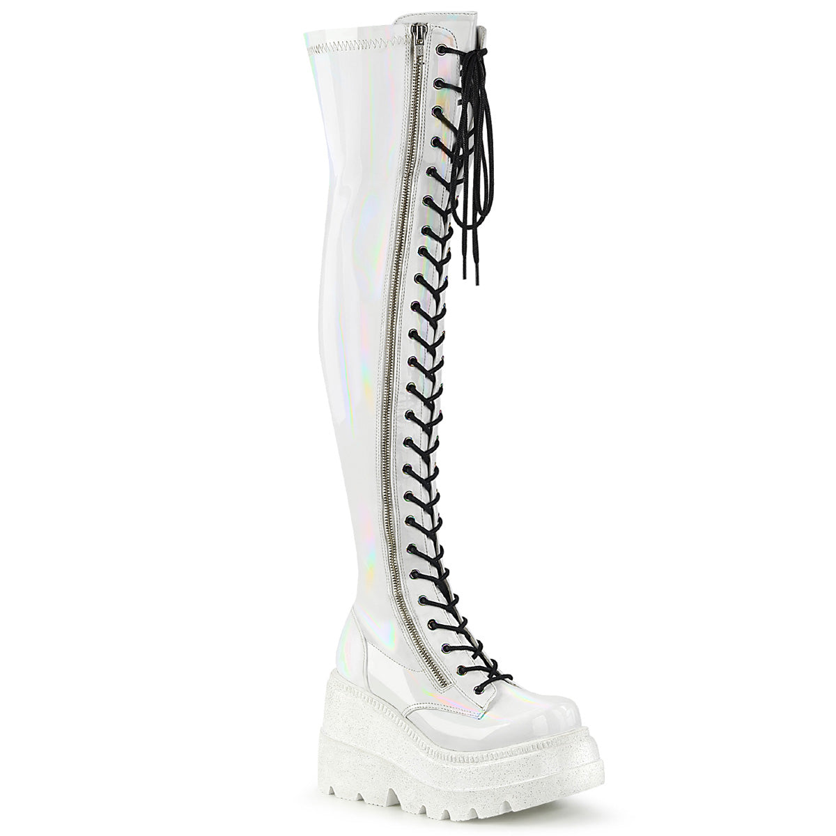 Demonia Cult Everyday | "Shaker-374" Boots - White Hologram Stretch Patent