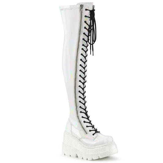 Demonia Cult Everyday | "Shaker-374" Boots - White Hologram Stretch Patent
