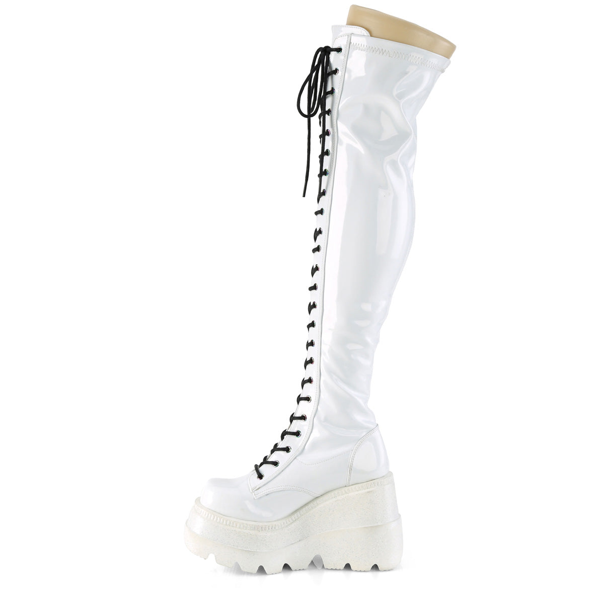 Demonia Cult Everyday | "Shaker-374" Boots - White Hologram Stretch Patent