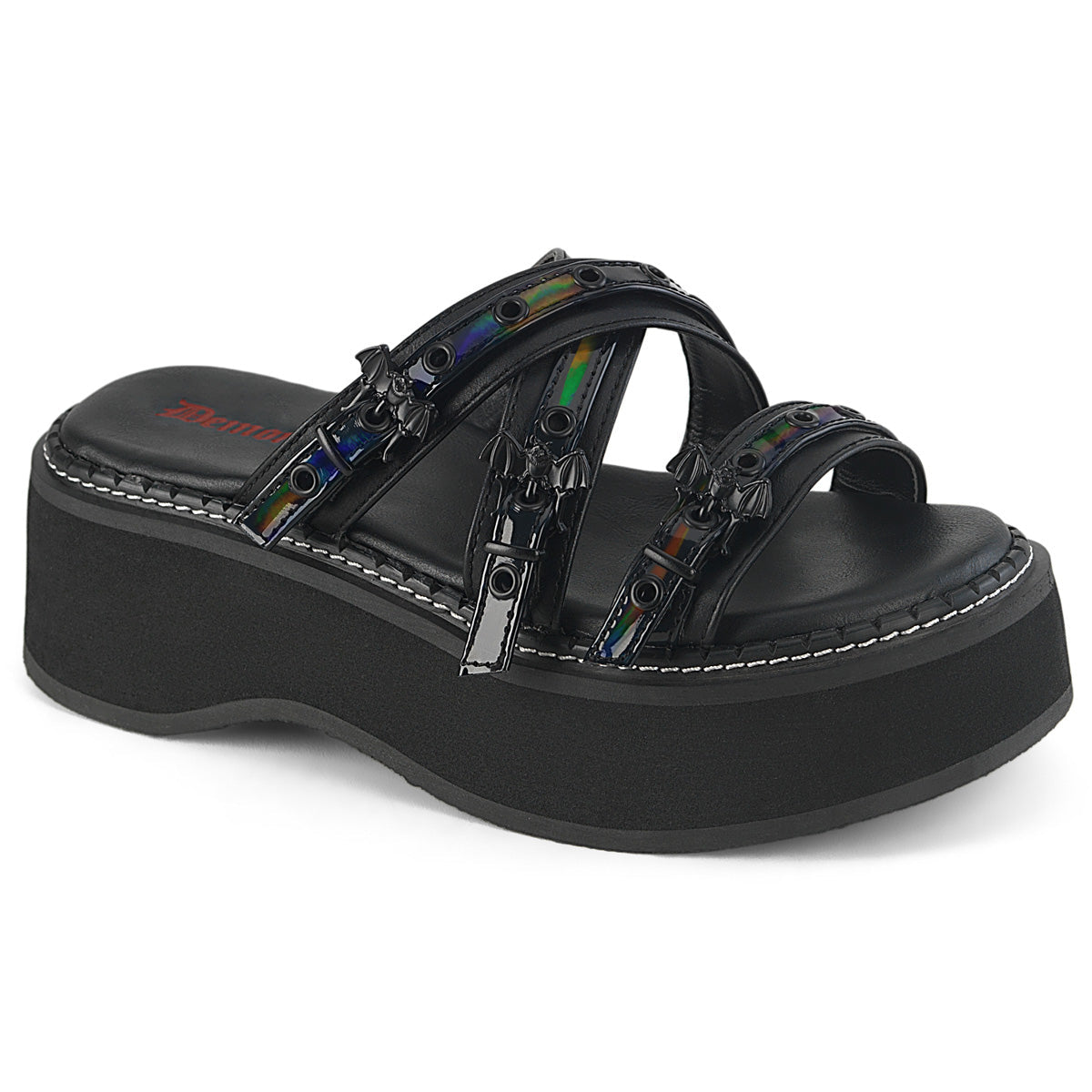 Demonia Cult Latest | "Emily-07" Sandals - Black Vegan Leather-Holo Patent