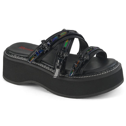 Demonia Cult Latest | "Emily-07" Sandals - Black Vegan Leather-Holo Patent