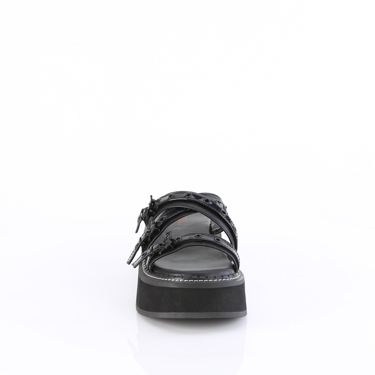 Demonia Cult Latest | "Emily-07" Sandals - Black Vegan Leather-Holo Patent