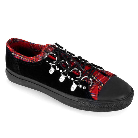 Demonia Cult Quality | "Deviant-05" Sneakers - Black Suede-Red Plaid
