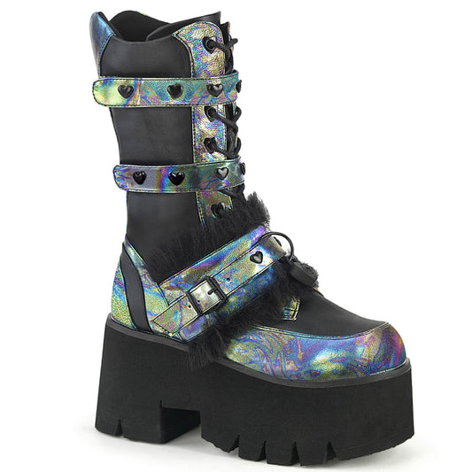 Demonia Cult Latest | "Ashes-120" Boots - Black Vegan Leather Green Multi Oil