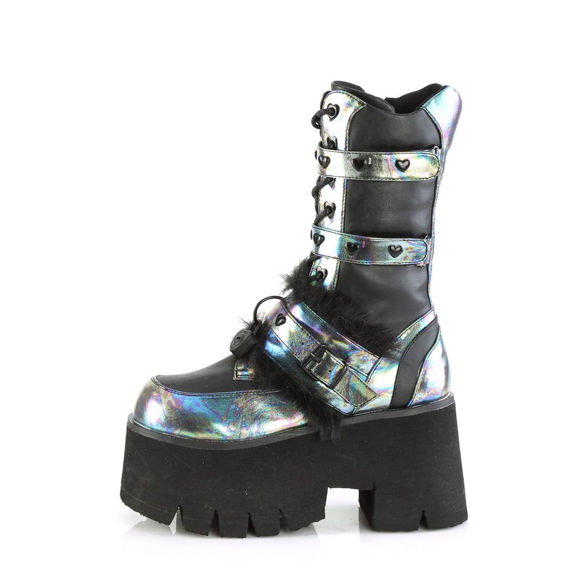 Demonia Cult Latest | "Ashes-120" Boots - Black Vegan Leather Green Multi Oil