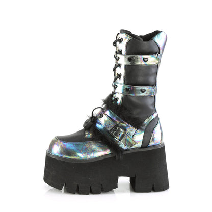 Demonia Cult Latest | "Ashes-120" Boots - Black Vegan Leather Green Multi Oil