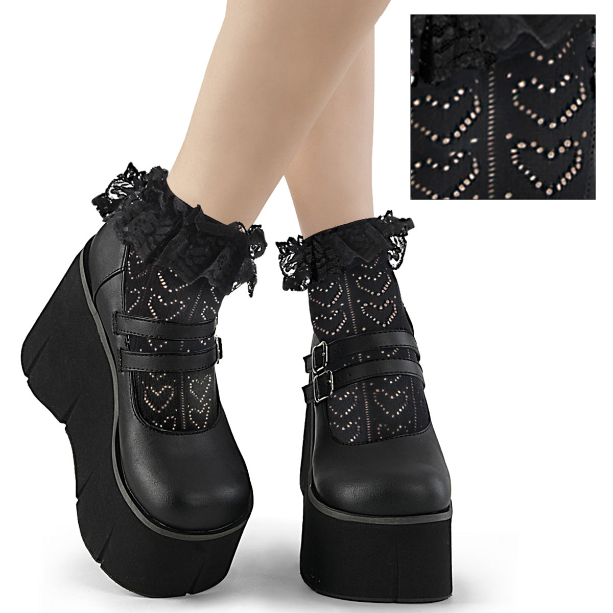 Demonia Cult Signature | "Heart Net Ruffle Sock" - Black Nylon & Spandex