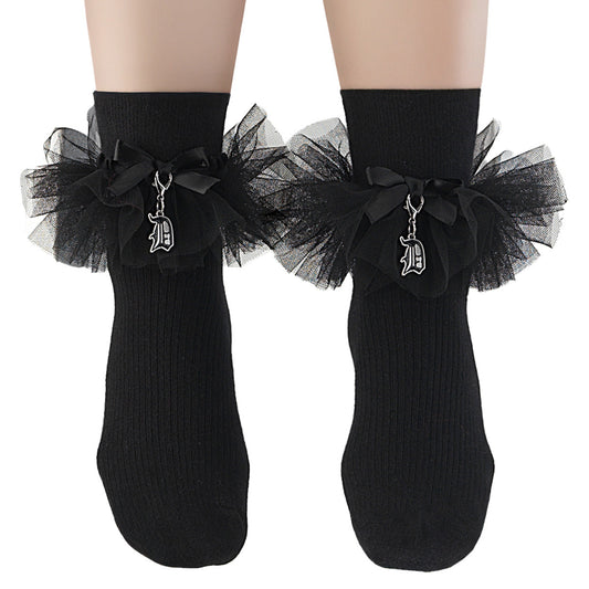 Demonia Cult Everyday | "Heart Net Ruffle Sock" - White Nylon & Spandex