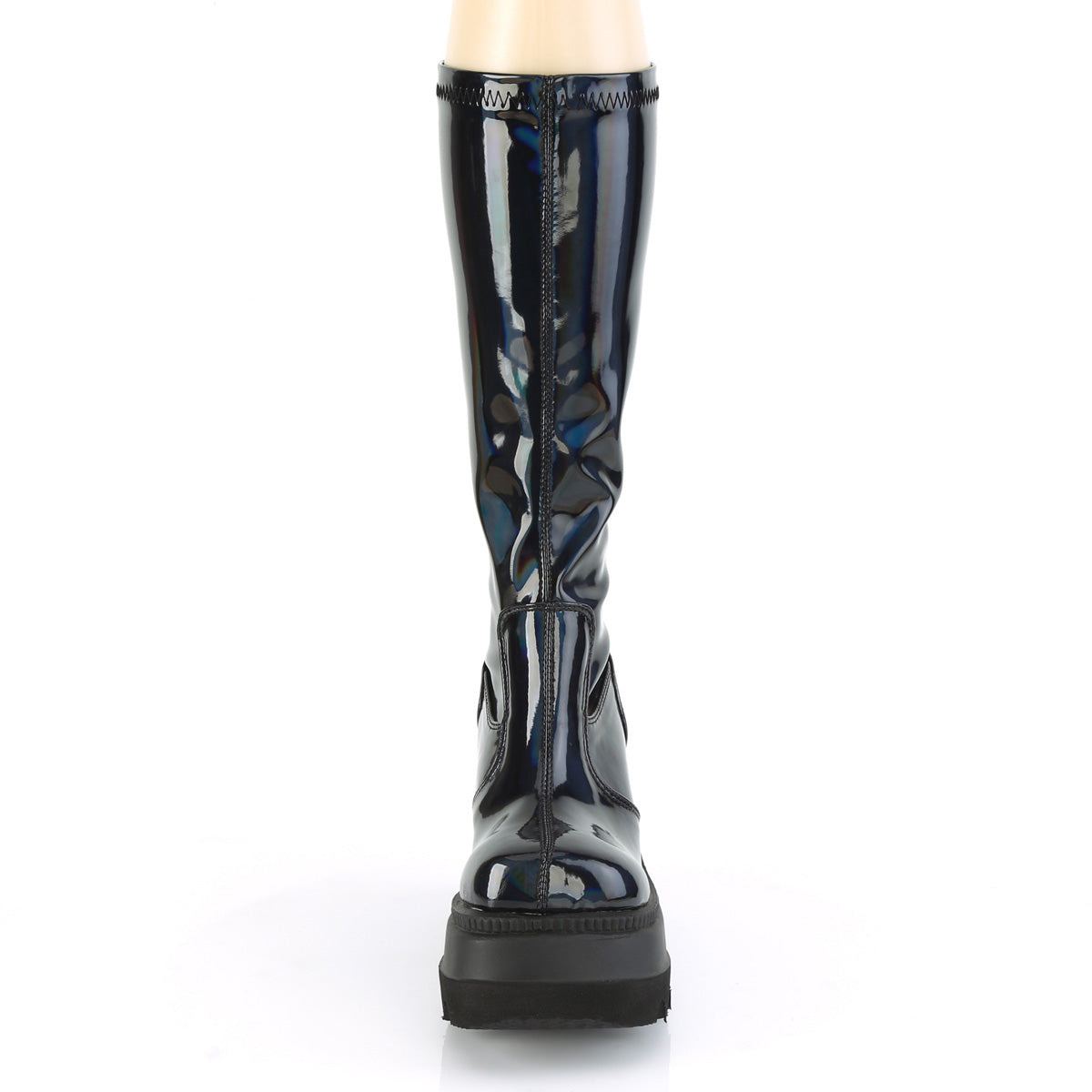 Demonia Cult Latest | "Shaker-65" Boots - Stretch Black Patent Holo