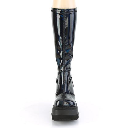 Demonia Cult Latest | "Shaker-65" Boots - Stretch Black Patent Holo