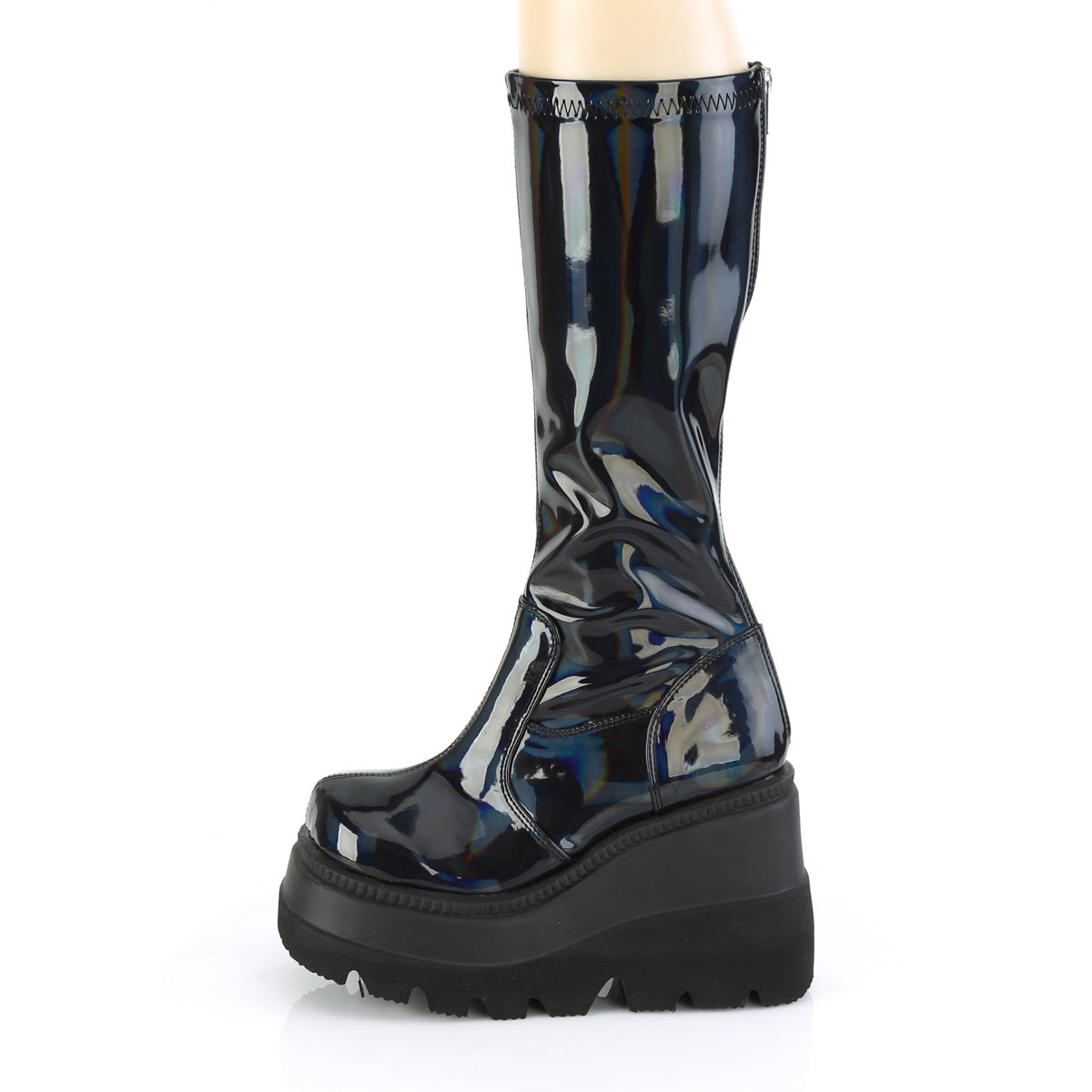 Demonia Cult Latest | "Shaker-65" Boots - Stretch Black Patent Holo