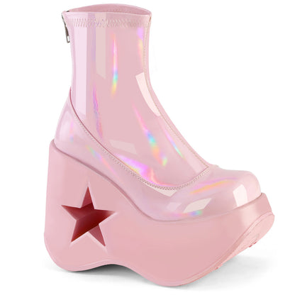 Demonia Cult Classic | "Dynamite-100" Boots - Baby Pink Stretch Holo