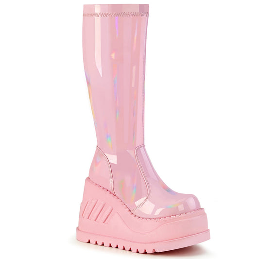 Demonia Cult Quality | "Stomp-200" Boots - Baby Pink Hologram Stretch Patent
