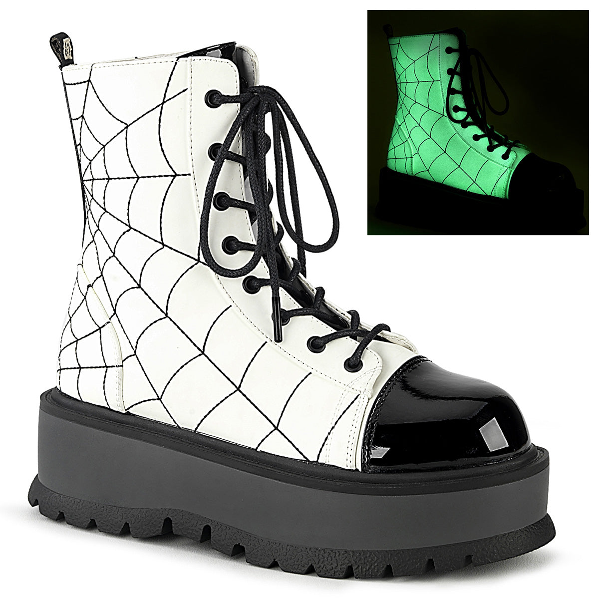 Demonia Cult Classic | "Slacker-88" Boots - White Glow Vegan Leather-Black Patent