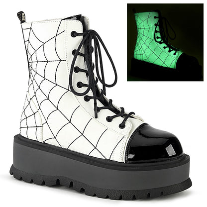 Demonia Cult Classic | "Slacker-88" Boots - White Glow Vegan Leather-Black Patent