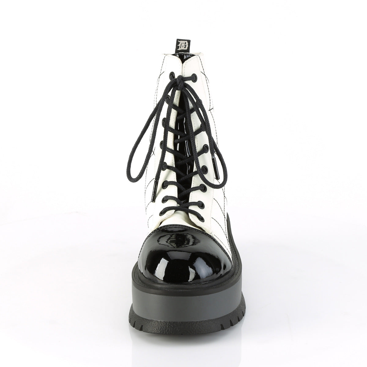 Demonia Cult Classic | "Slacker-88" Boots - White Glow Vegan Leather-Black Patent