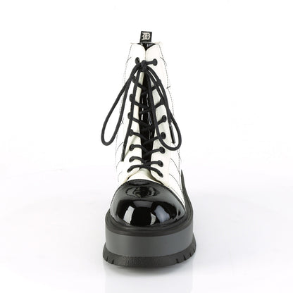 Demonia Cult Classic | "Slacker-88" Boots - White Glow Vegan Leather-Black Patent