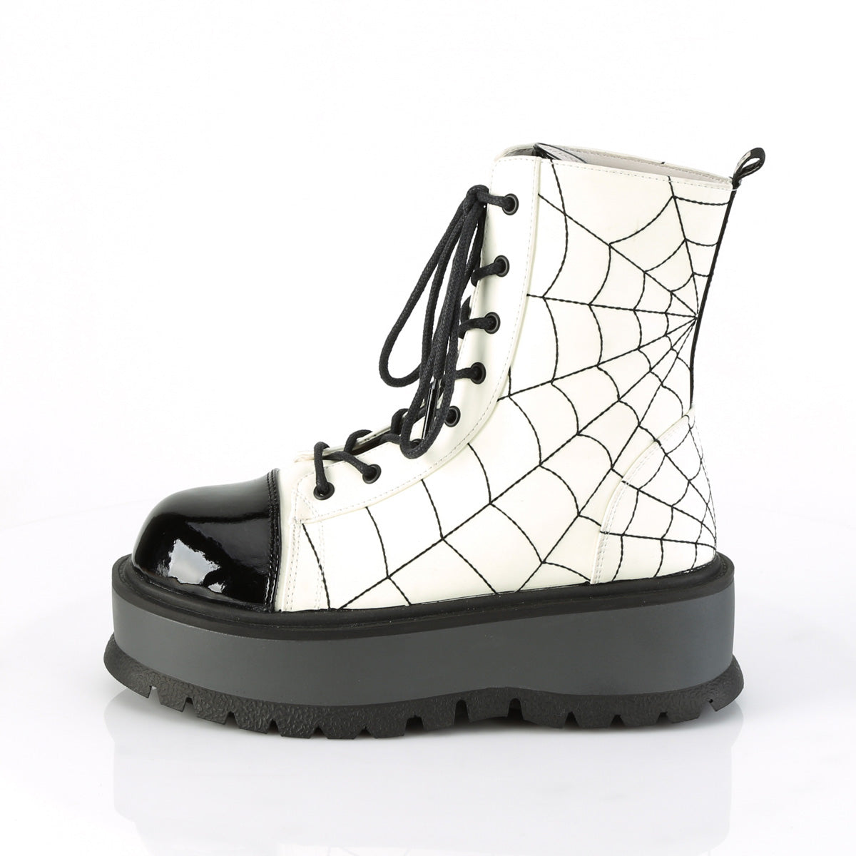 Demonia Cult Classic | "Slacker-88" Boots - White Glow Vegan Leather-Black Patent