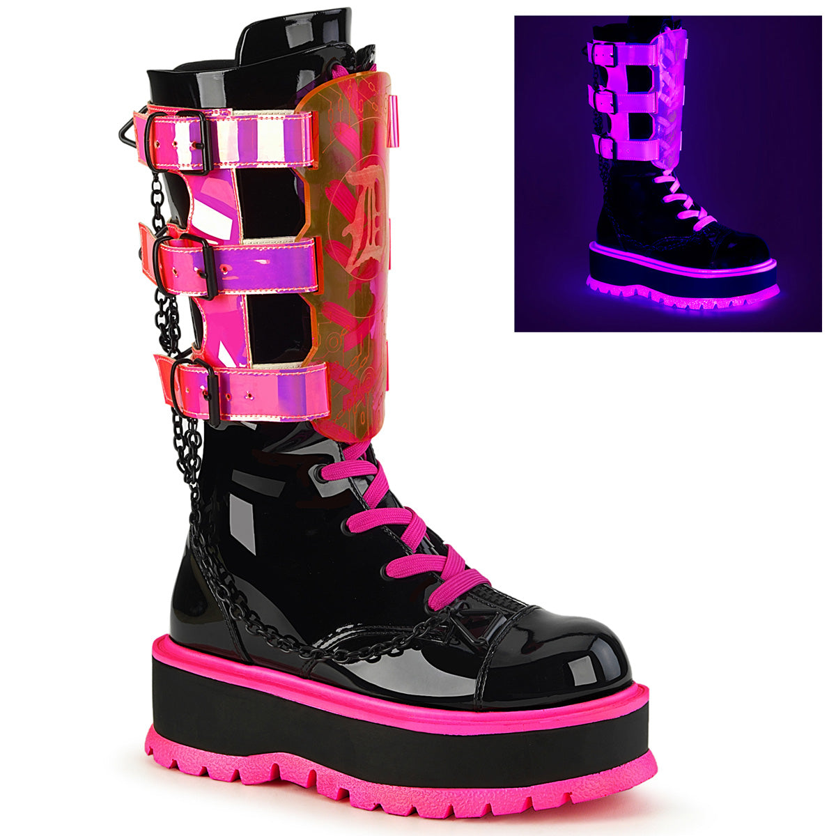 Demonia Cult Everyday | "Slacker-156" Boots - Black Patent-UV Neon Pink