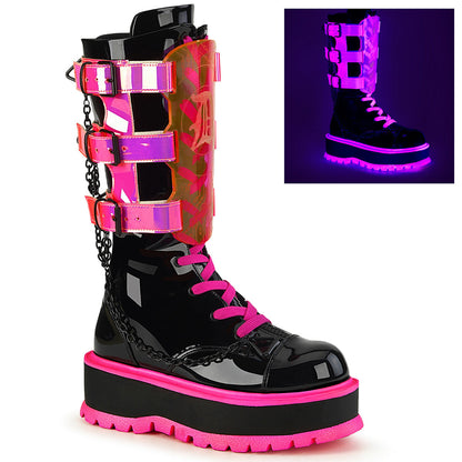 Demonia Cult Everyday | "Slacker-156" Boots - Black Patent-UV Neon Pink