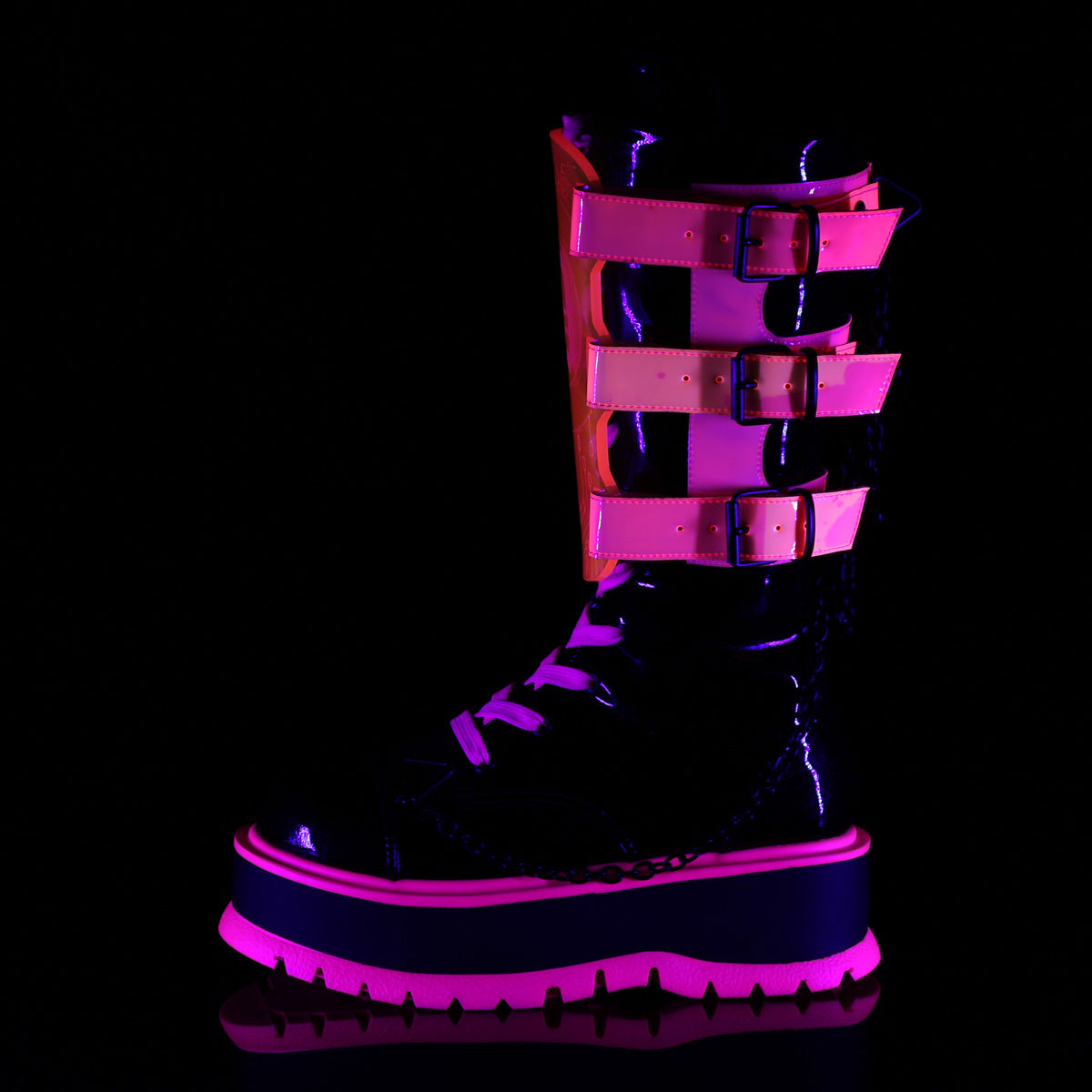Demonia Cult Everyday | "Slacker-156" Boots - Black Patent-UV Neon Pink