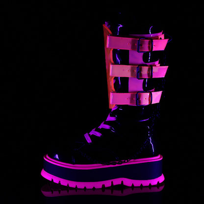 Demonia Cult Everyday | "Slacker-156" Boots - Black Patent-UV Neon Pink