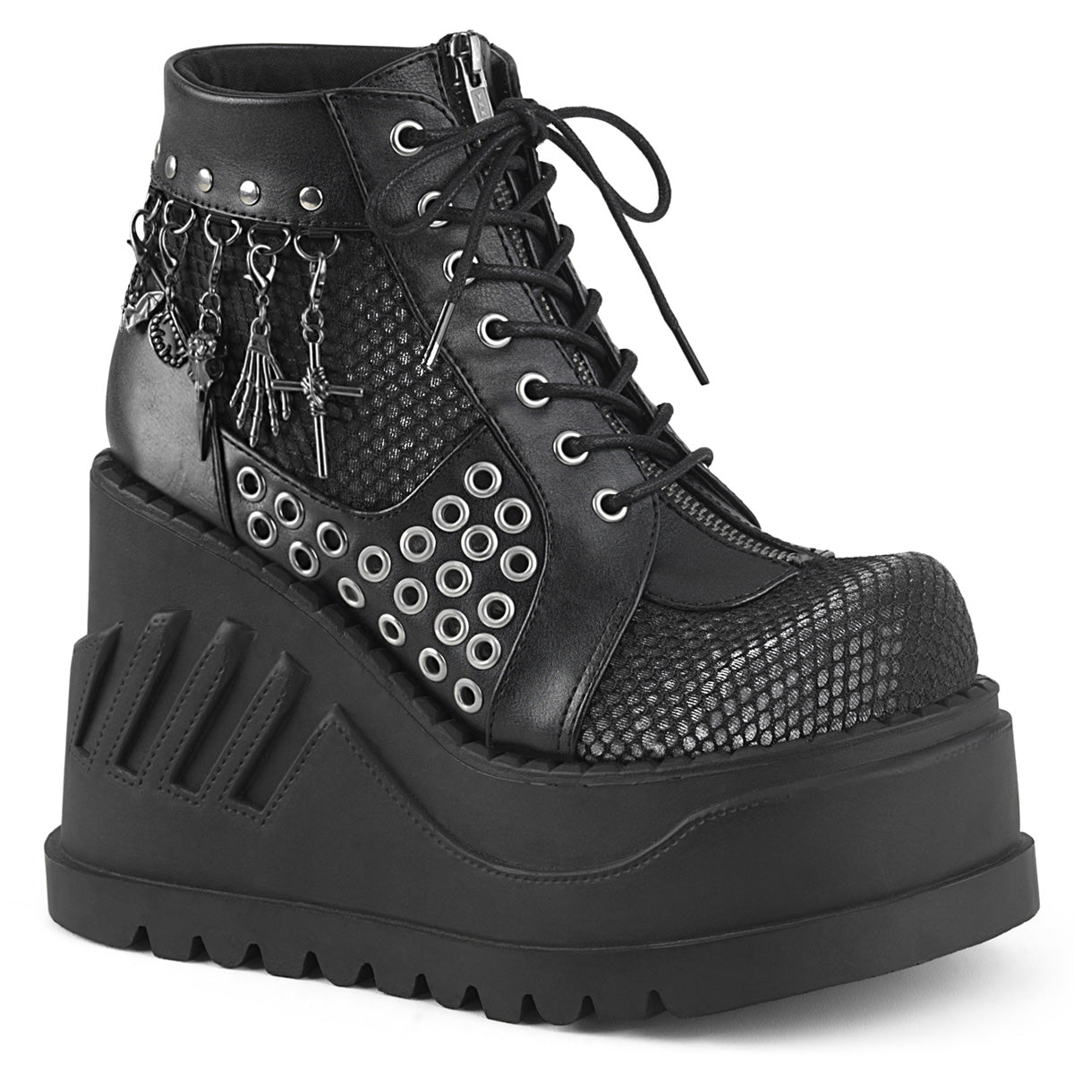 Demonia Cult Value | "Stomp-18" Boots - Black Vegan Leather-Gray Velvet