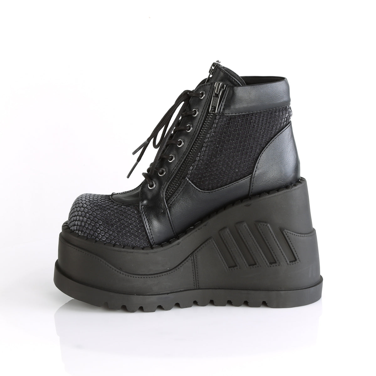Demonia Cult Value | "Stomp-18" Boots - Black Vegan Leather-Gray Velvet