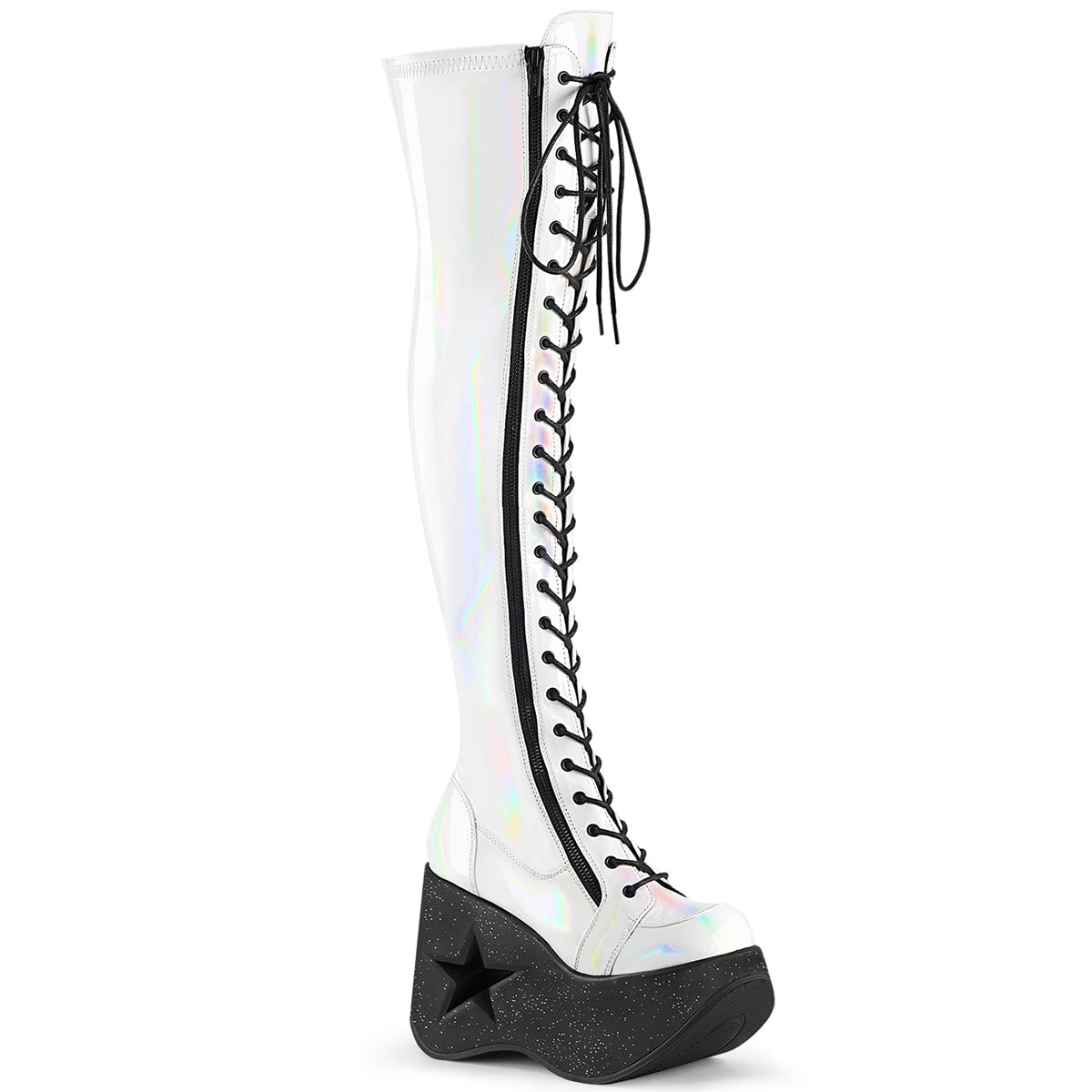 Demonia Cult Latest | "Dynamite-300" Boots - White Stretch Holo