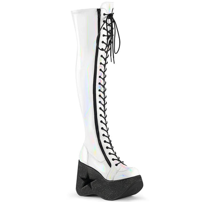 Demonia Cult Latest | "Dynamite-300" Boots - White Stretch Holo