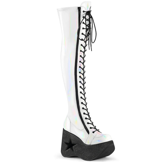 Demonia Cult Latest | "Dynamite-300" Boots - White Stretch Holo