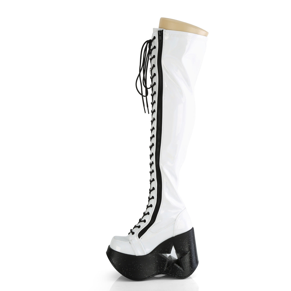 Demonia Cult Latest | "Dynamite-300" Boots - White Stretch Holo