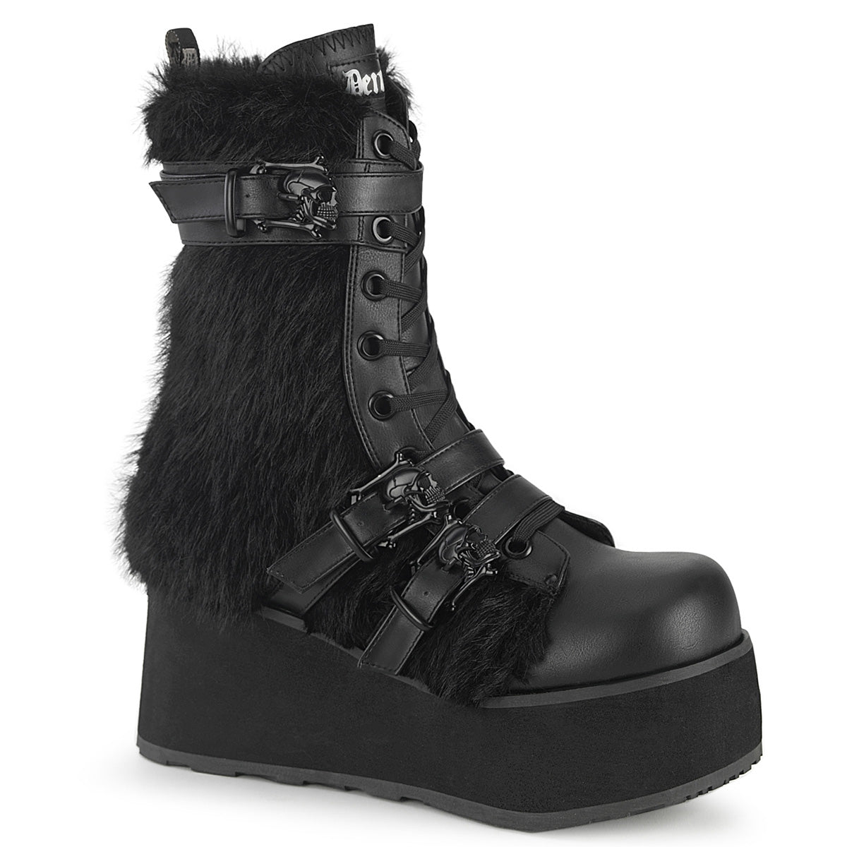 Demonia Cult Classic | "Trashville-218" Boots - Black Vegan Leather-Faux Fur