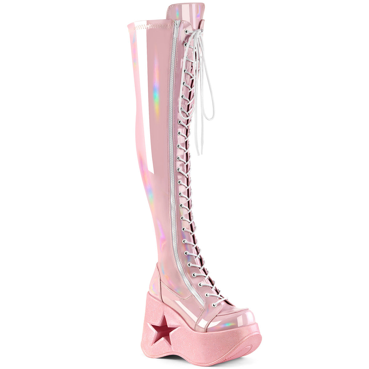 Demonia Cult Exclusive | "Dynamite-300" Boots - Baby Pink Stretch Holo