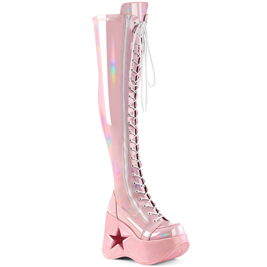 Demonia Cult Exclusive | "Dynamite-300" Boots - Baby Pink Stretch Holo