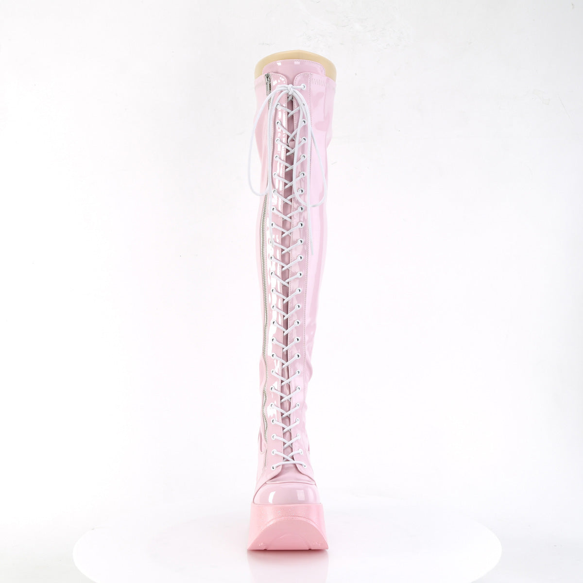 Demonia Cult Exclusive | "Dynamite-300" Boots - Baby Pink Stretch Holo