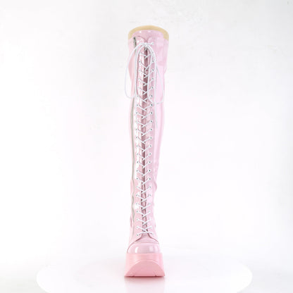 Demonia Cult Exclusive | "Dynamite-300" Boots - Baby Pink Stretch Holo