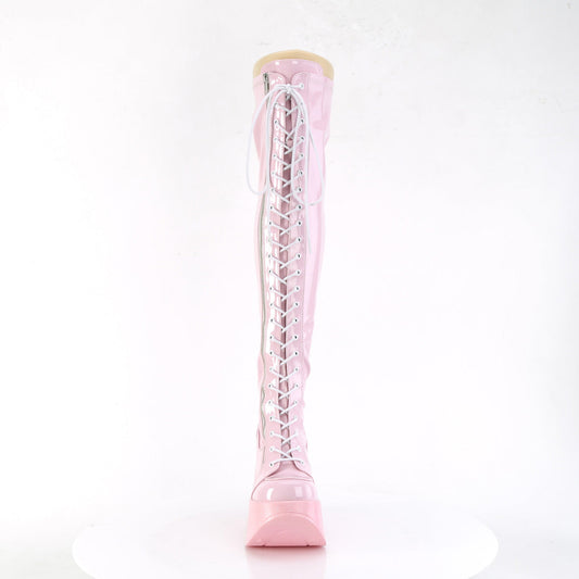 Demonia Cult Exclusive | "Dynamite-300" Boots - Baby Pink Stretch Holo