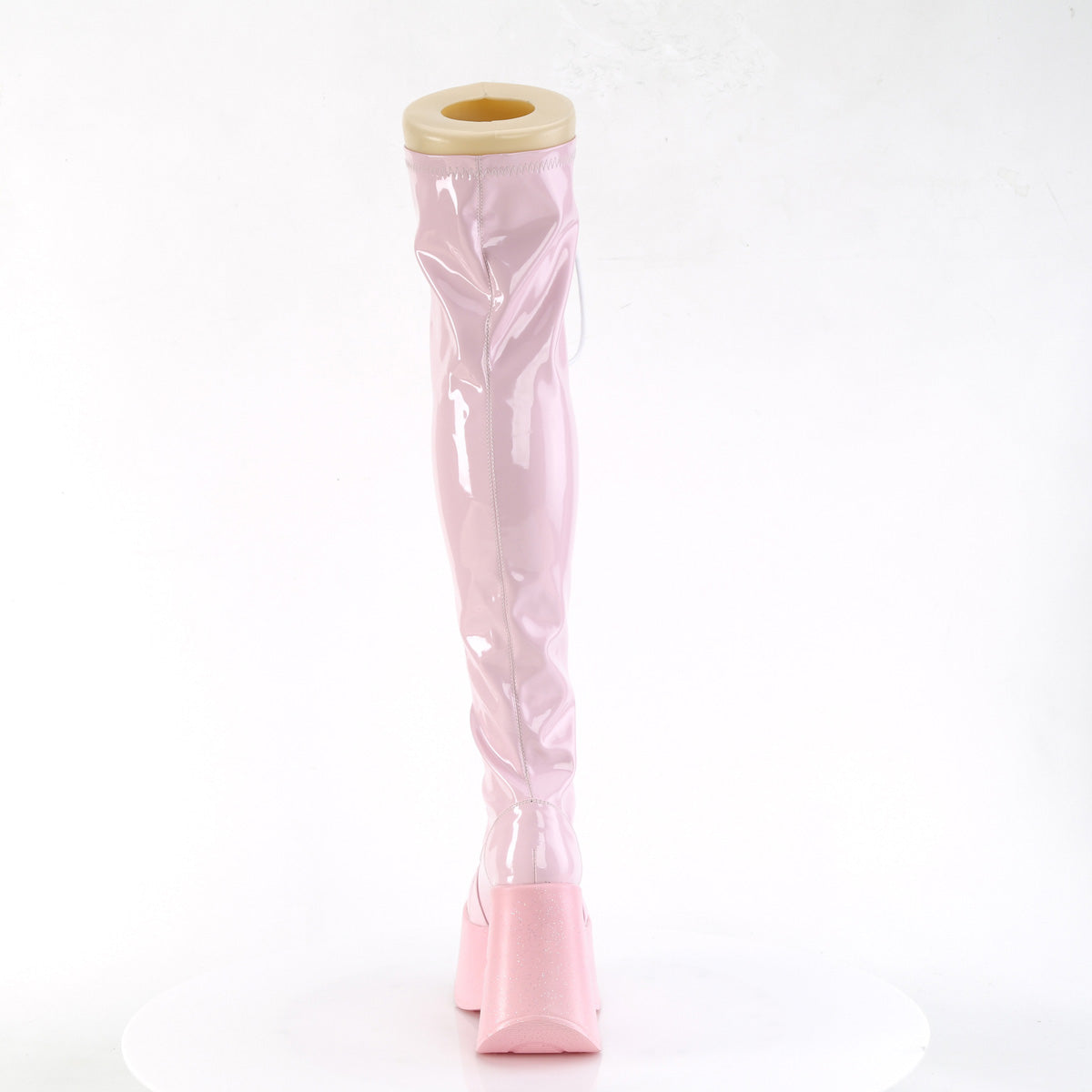 Demonia Cult Exclusive | "Dynamite-300" Boots - Baby Pink Stretch Holo
