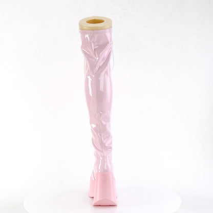Demonia Cult Exclusive | "Dynamite-300" Boots - Baby Pink Stretch Holo