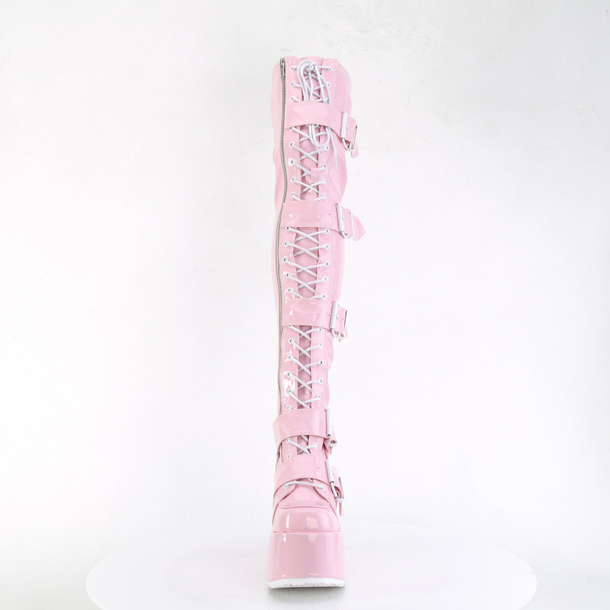 Demonia Cult Essential | "Camel-305" Boots - Baby Pink Stretch Hologram